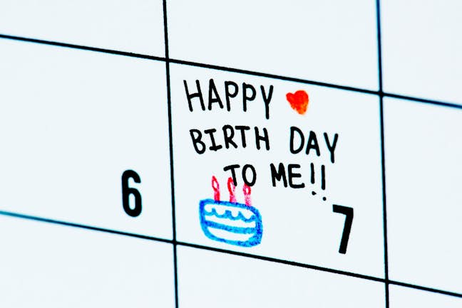 calendar zoomed in on a date with text "happy birthday to me"