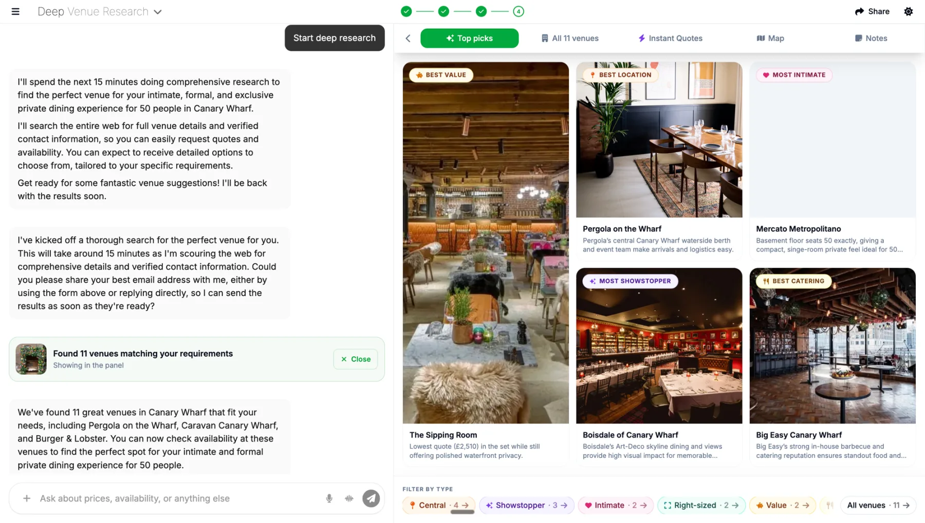 Deep Venue Research on screen: the brief conversation on the left, and a panel of top-pick venue cards on the right, each with a photo, a label such as Best Value or Best Location, and a line explaining why it is there.