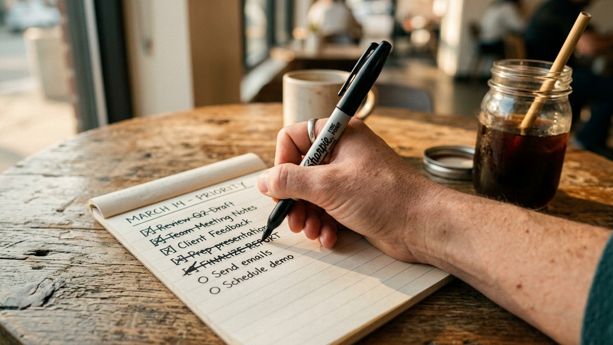 Hand crossing items off a handwritten to-do list with a marker on a rough wooden table