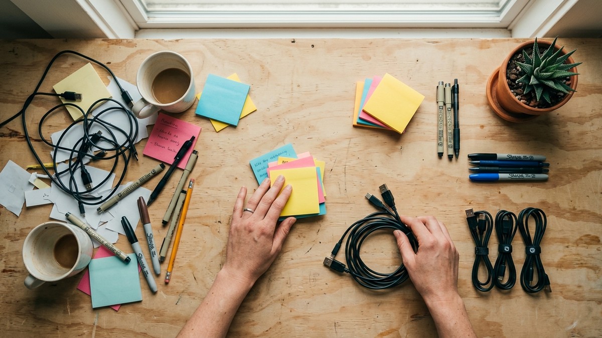 Overhead view of a creative workspace being organised with sticky notes and plants on a plywood desk
