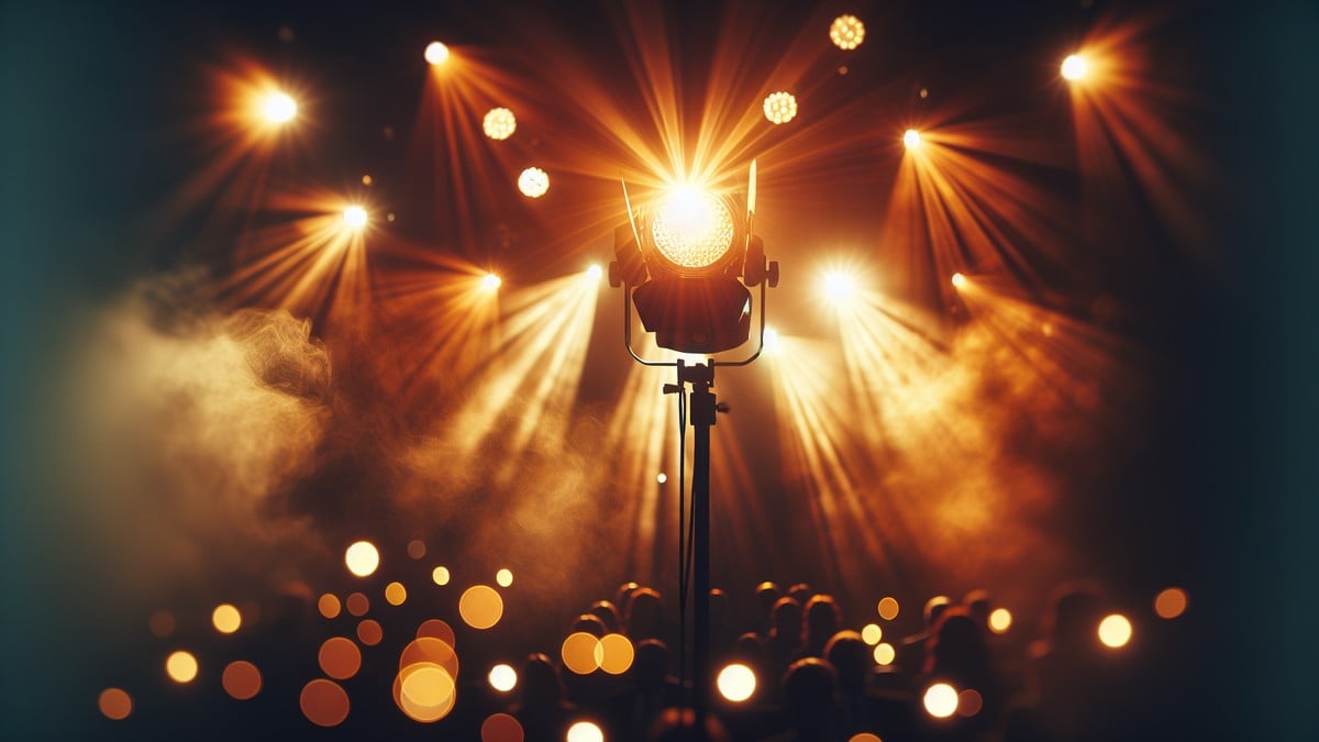 A warm-toned stage spotlight with golden bokeh and atmospheric haze in an event venue