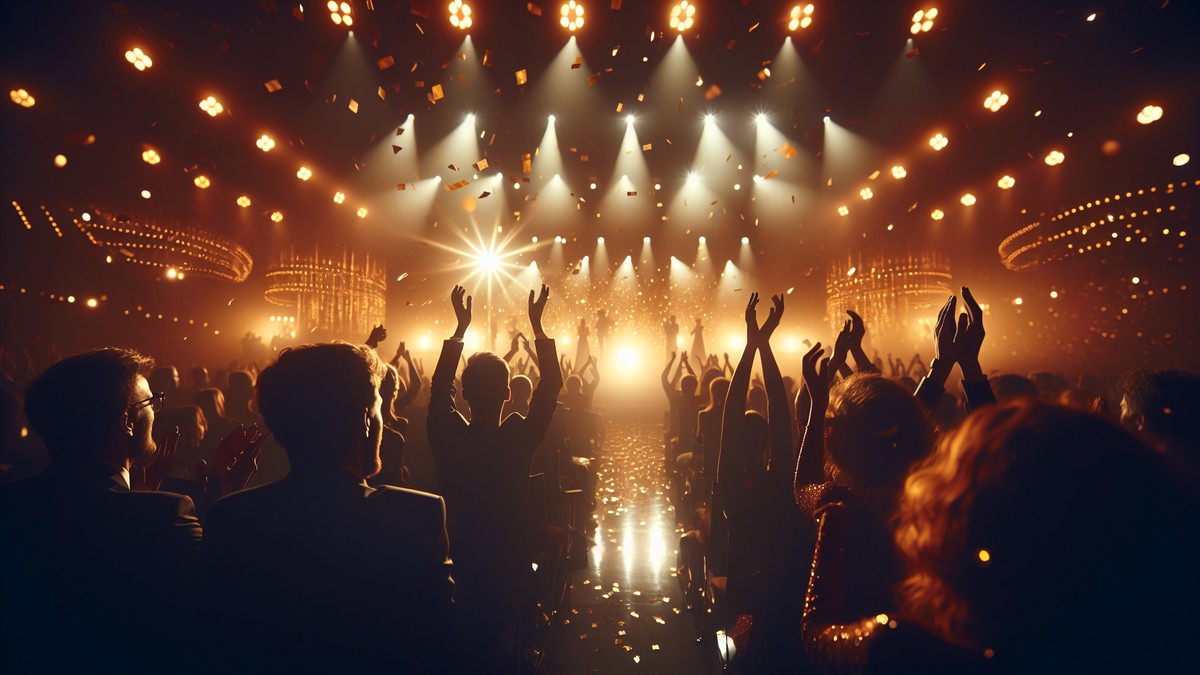 A silhouetted audience with hands raised amid falling golden confetti and warm stage lighting