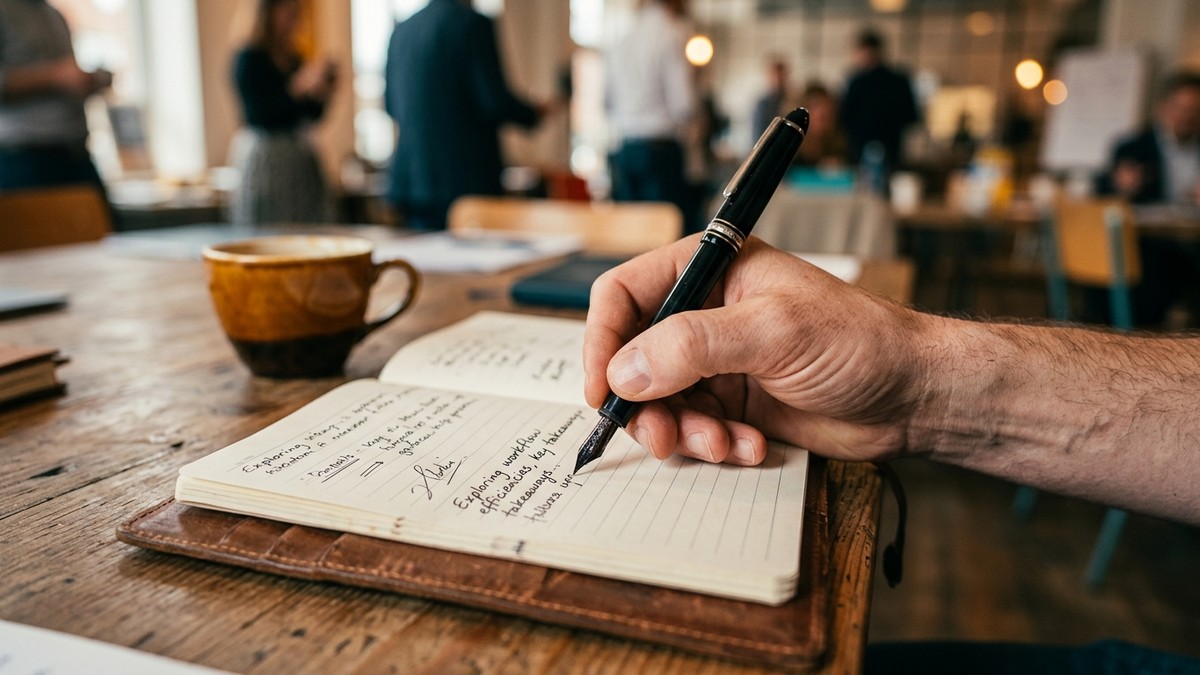 Close-up of a hand writing notes in a leather-bound notebook during a workshop