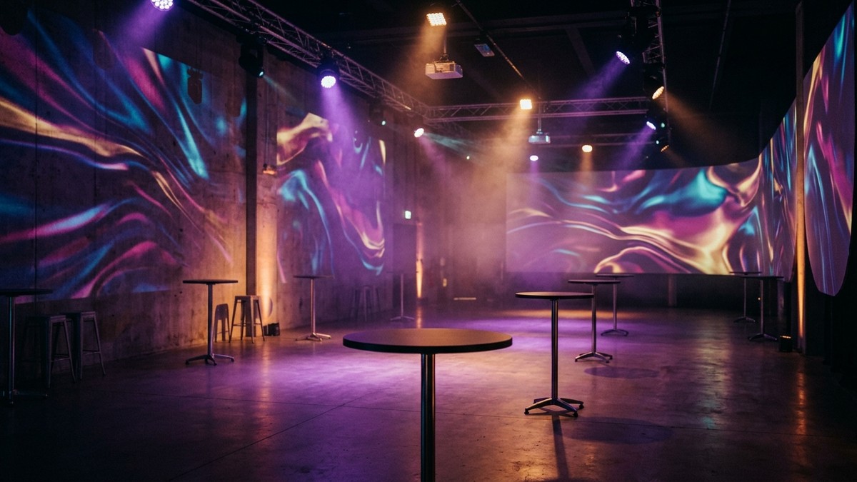 Dramatic immersive event space with atmospheric lighting and projection mapping