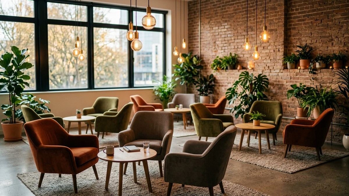 Beautifully designed event breakout space with clusters of seating for small group conversations