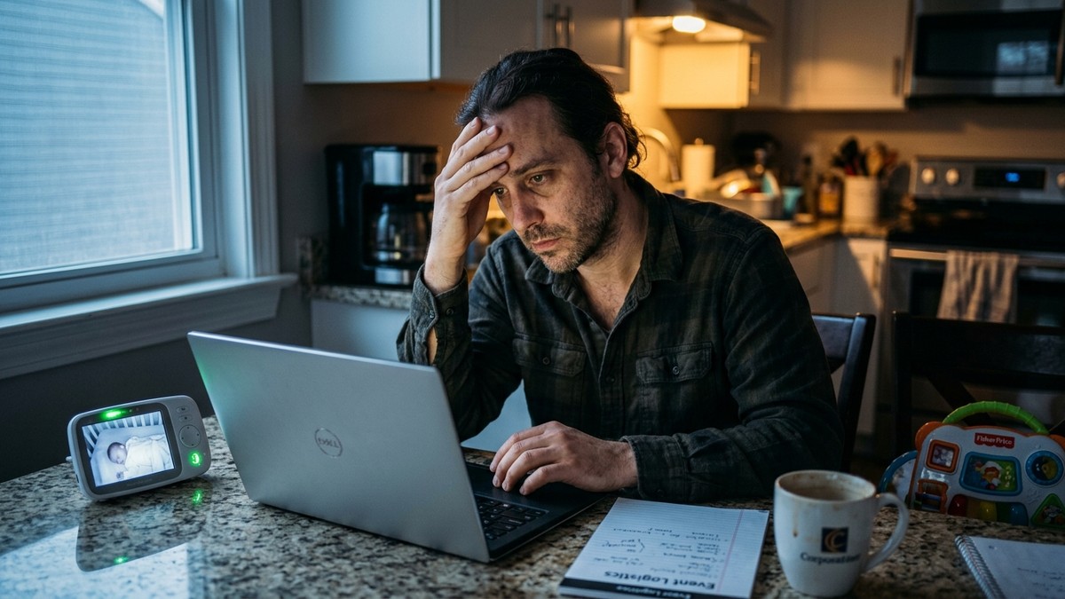 Parent working at dawn, balancing career and family responsibilities