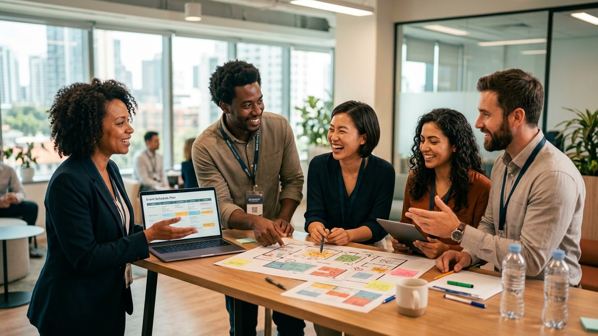 Diverse team of event professionals collaborating in a modern workspace