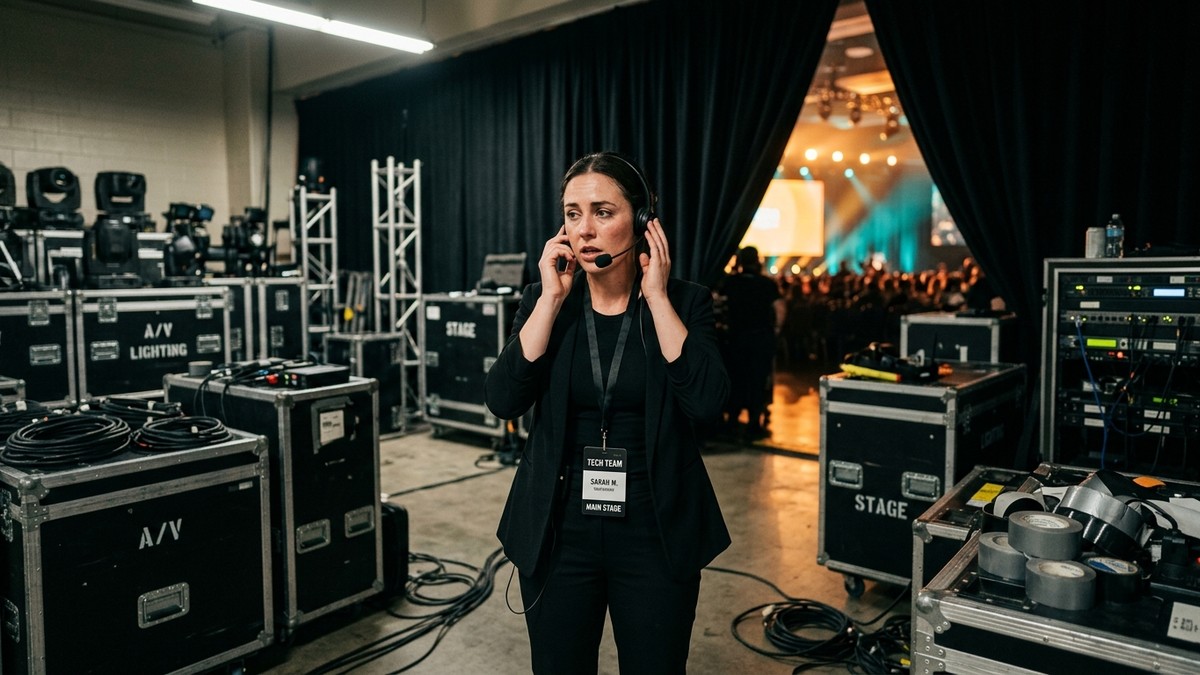 Event professional under pressure backstage at a busy corporate event