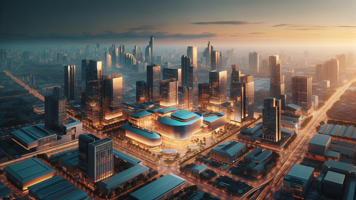 Aerial view of a modern city skyline at golden hour with event venues visible