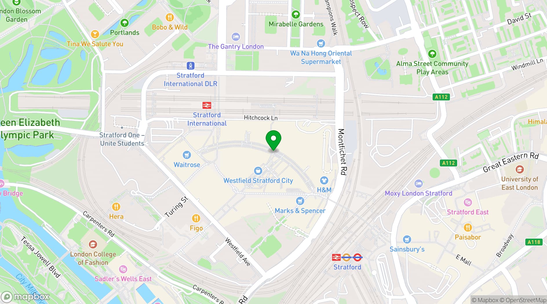 Map showing Las Iguanas London Stratford