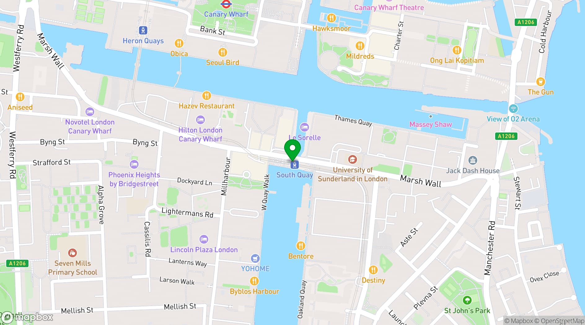 Map showing Hilton London Canary Wharf