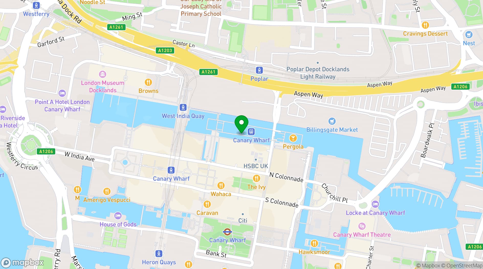 Map showing The Breakfast Club Canary Wharf