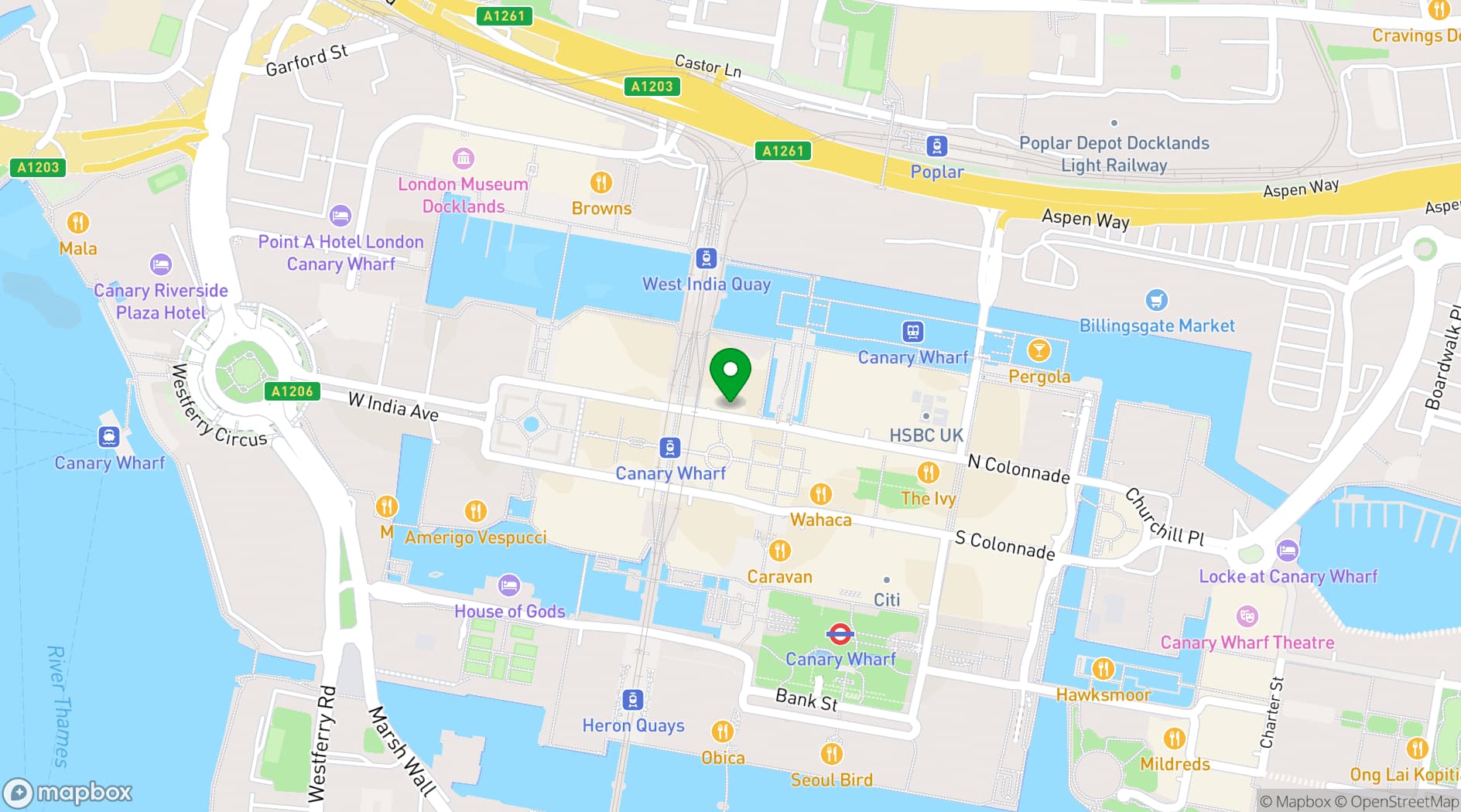 Map showing Market Halls Canary Wharf