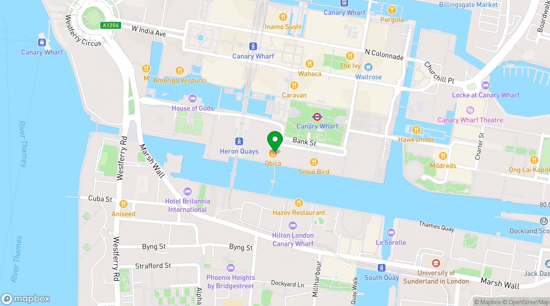Map showing Obicà Canary Wharf