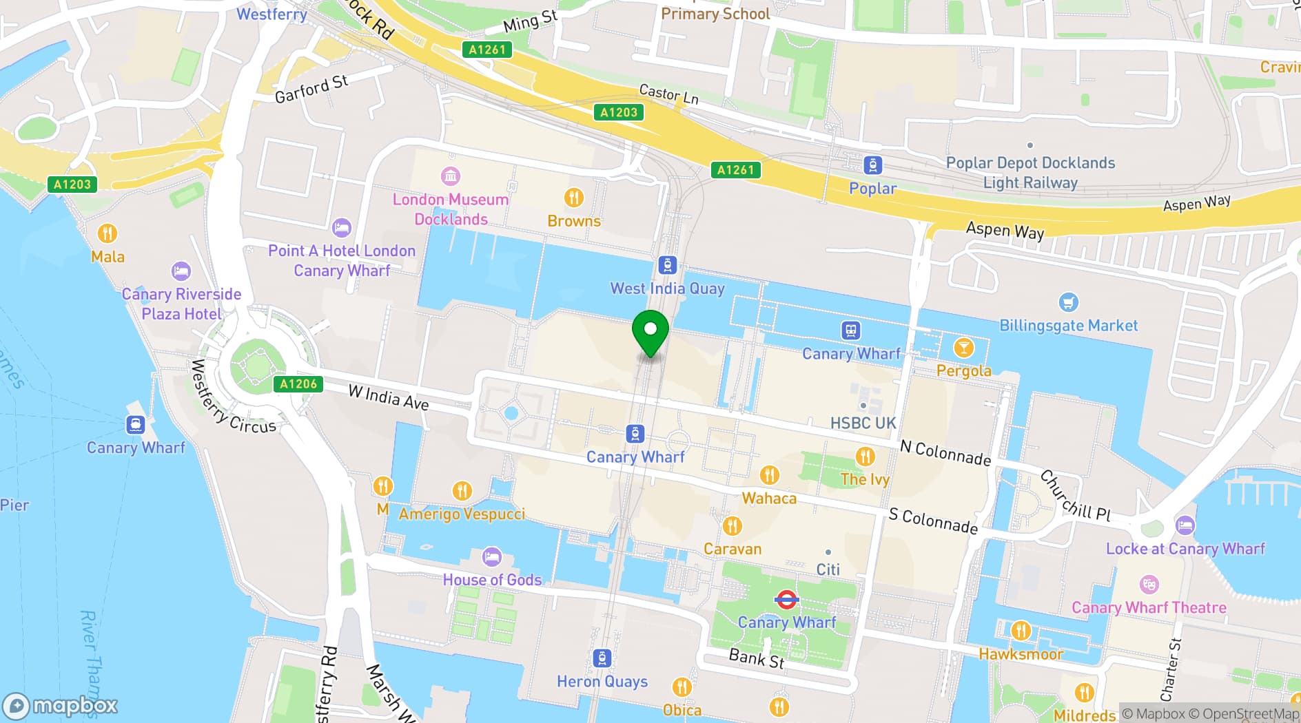 Map showing Blacklock Restaurant Canary Wharf