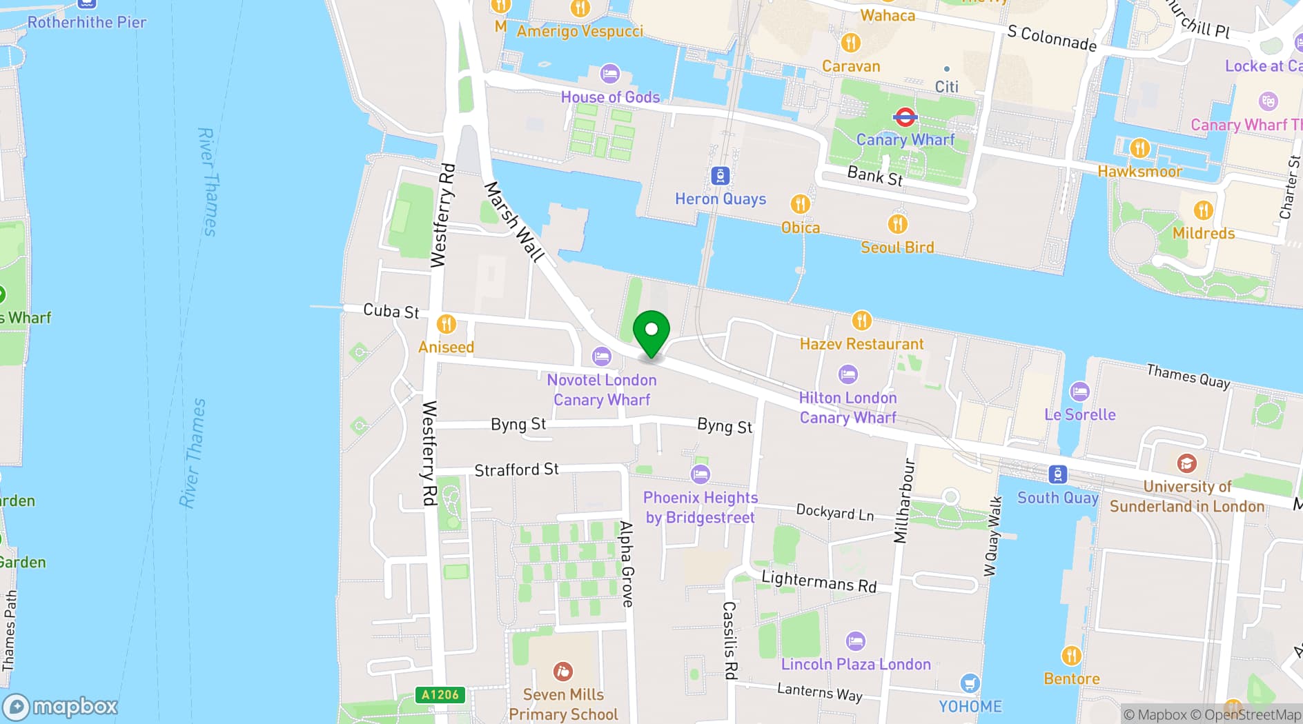 Map showing Dorsett Canary Wharf London