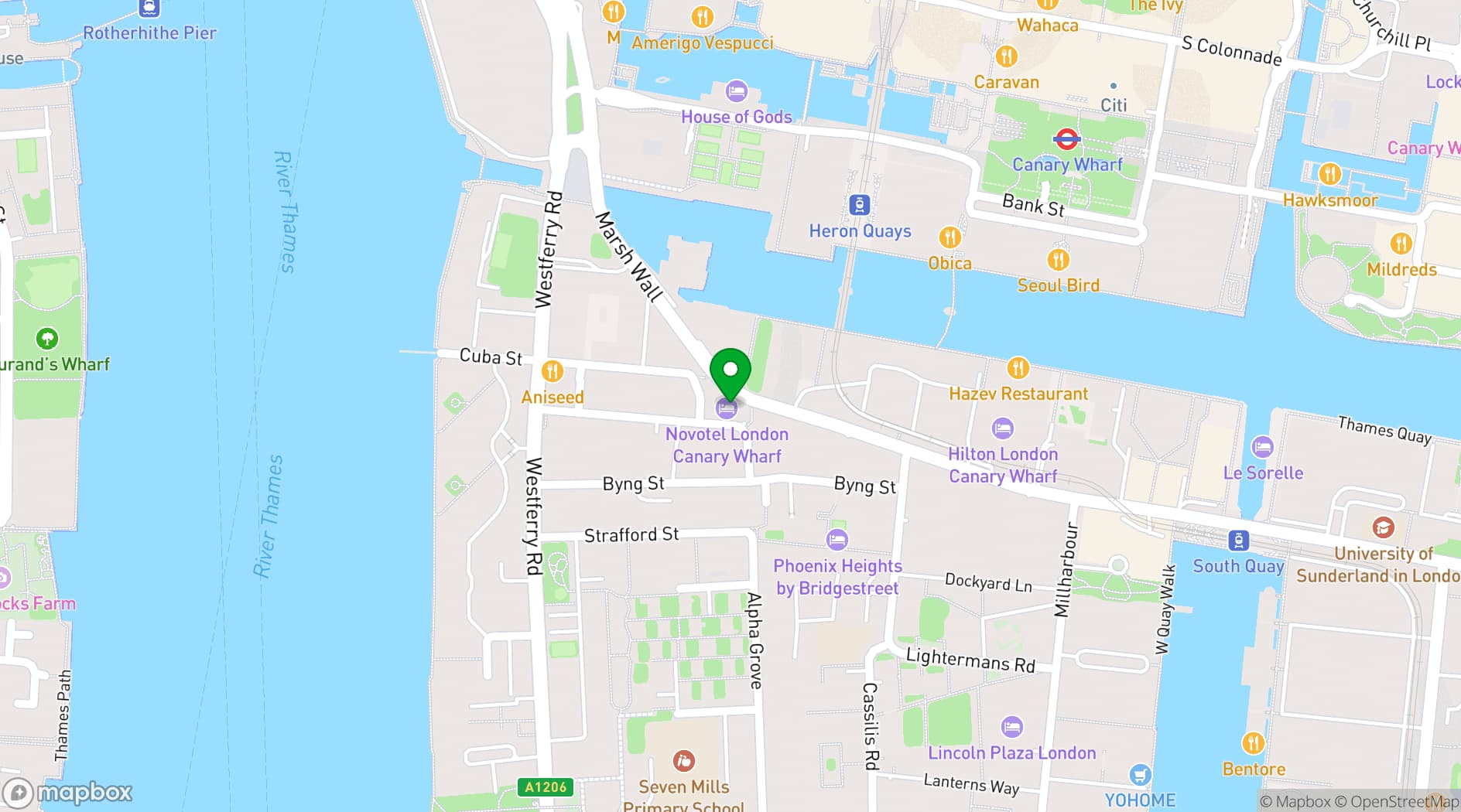 Map showing Novotel London Canary Wharf