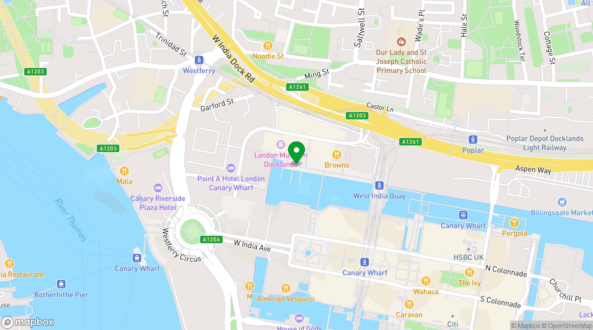 Map showing Pizza Pilgrims Canary Wharf
