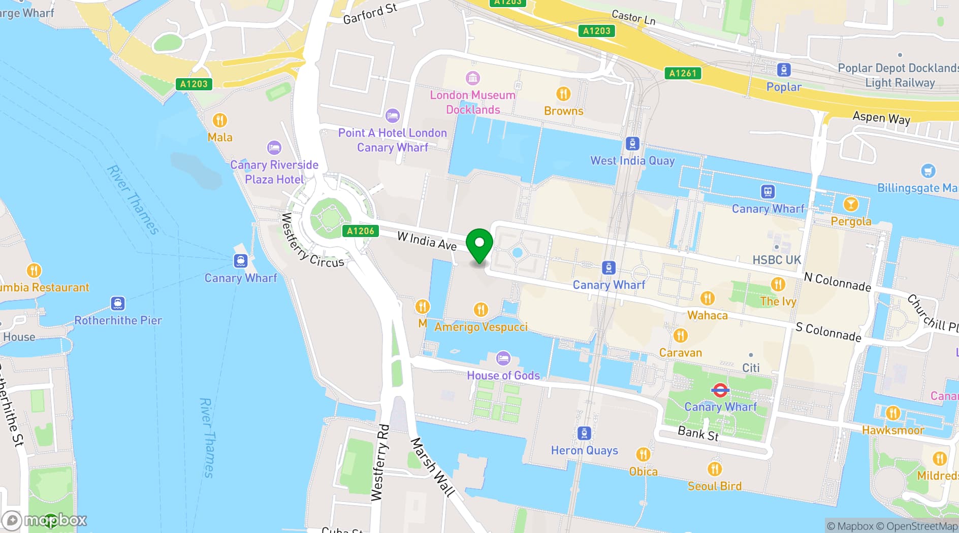 Map showing The Cocktail Club Canary Wharf