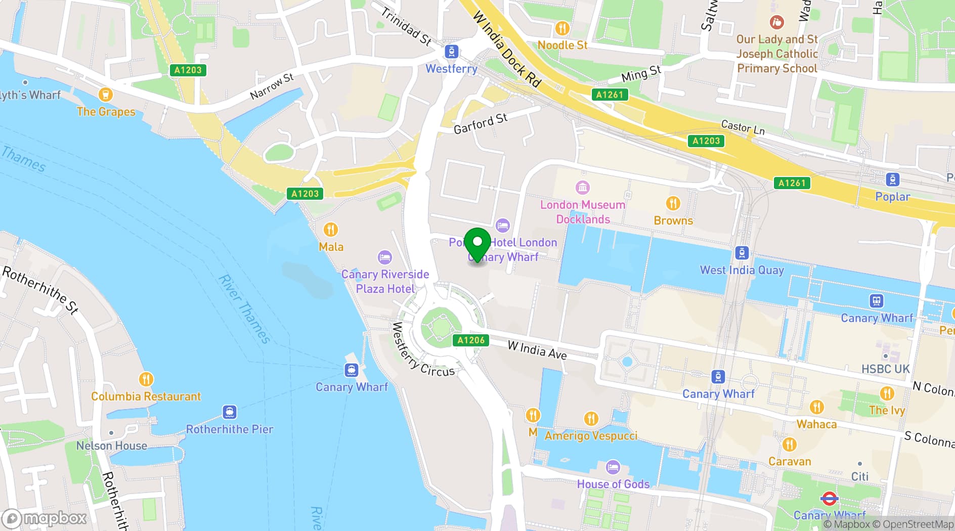 Map showing De Vere Canary Wharf