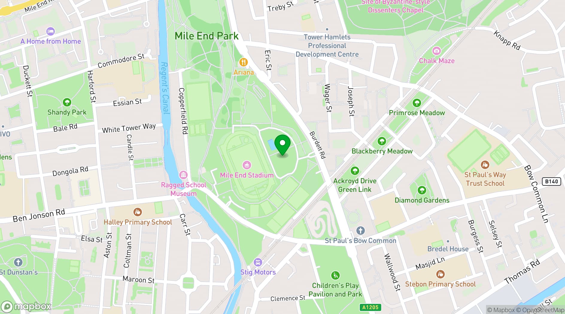 Map showing Mile End Park Leisure Centre and Stadium