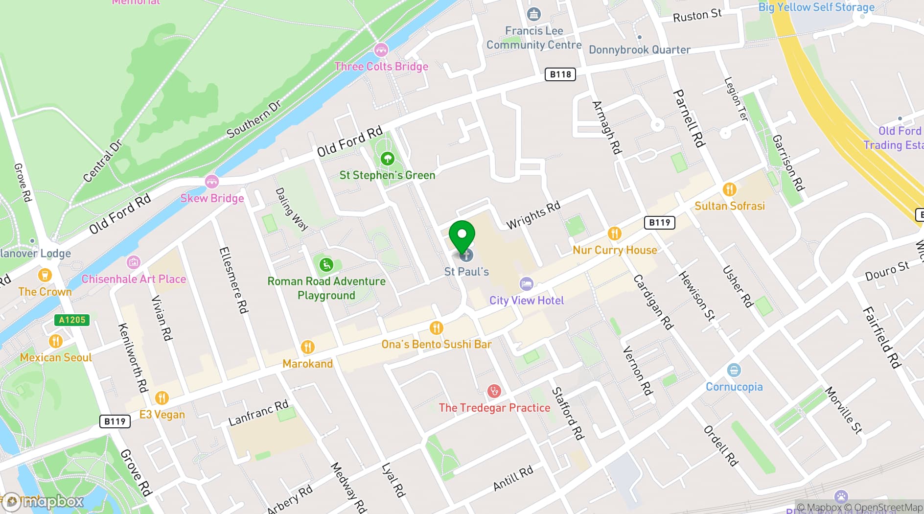 Map showing St Paul Old Ford