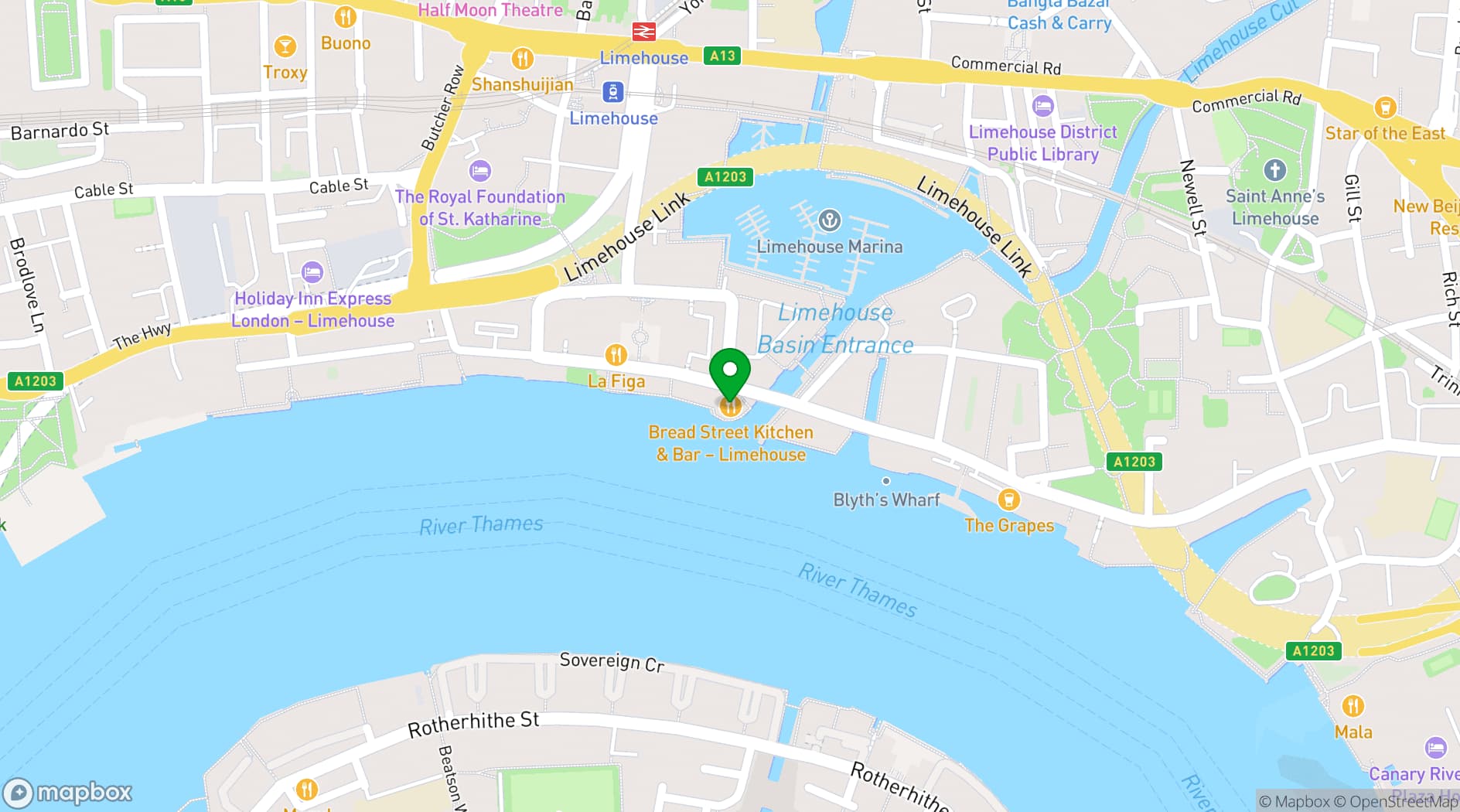 Map showing Bread Street Kitchen - Limehouse