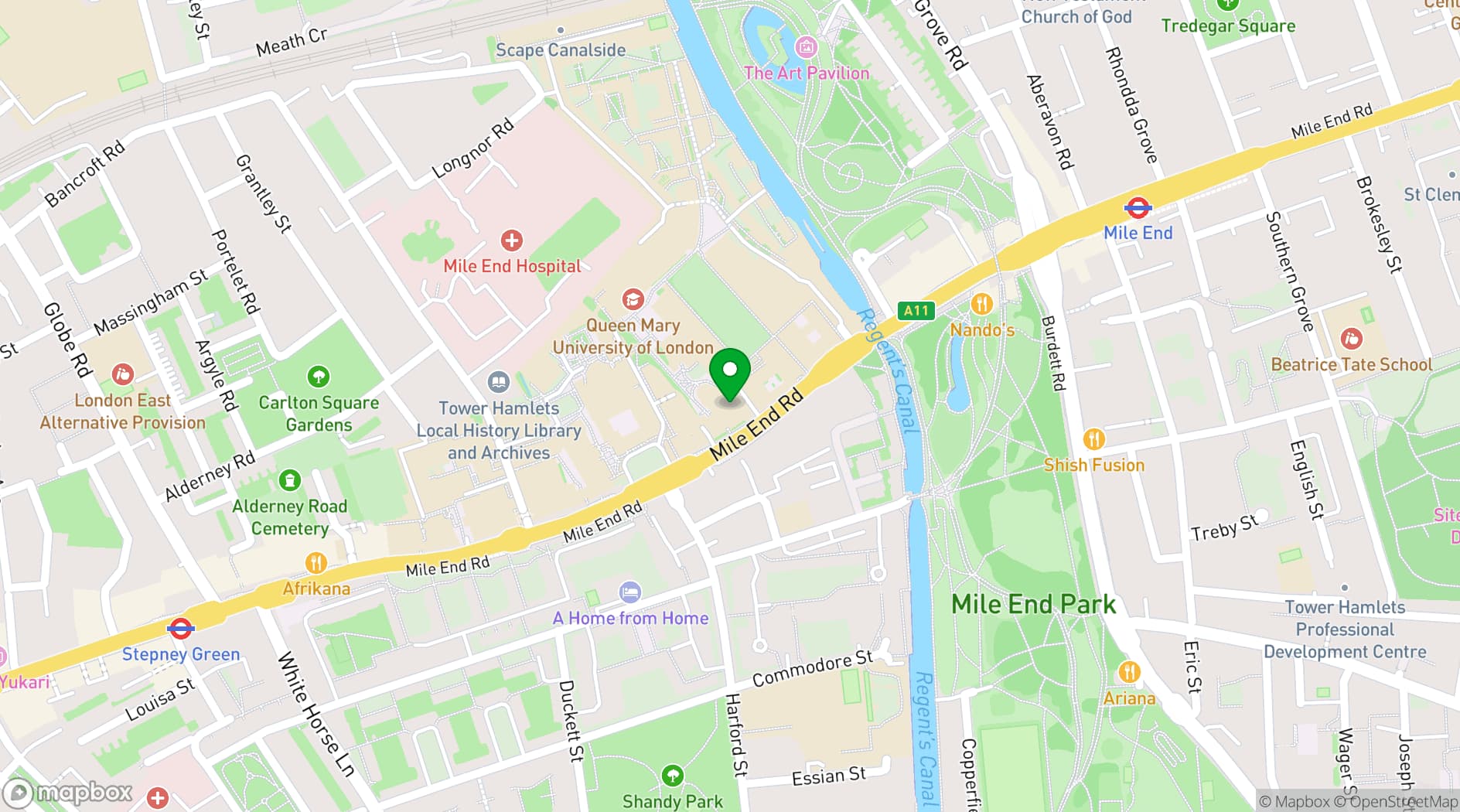 Map showing Queen Mary University Students' Union