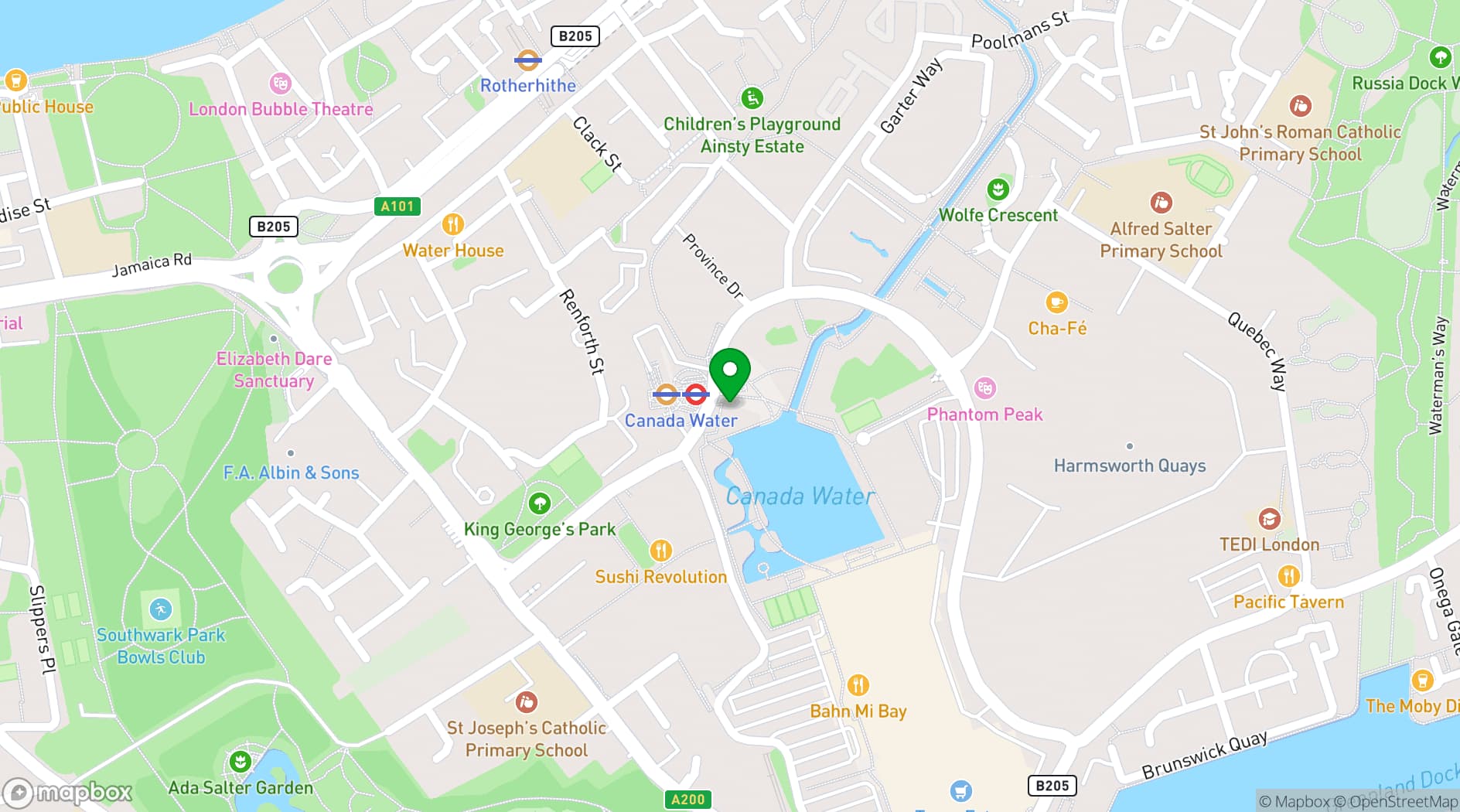 Map showing Canada Water Library Southwark