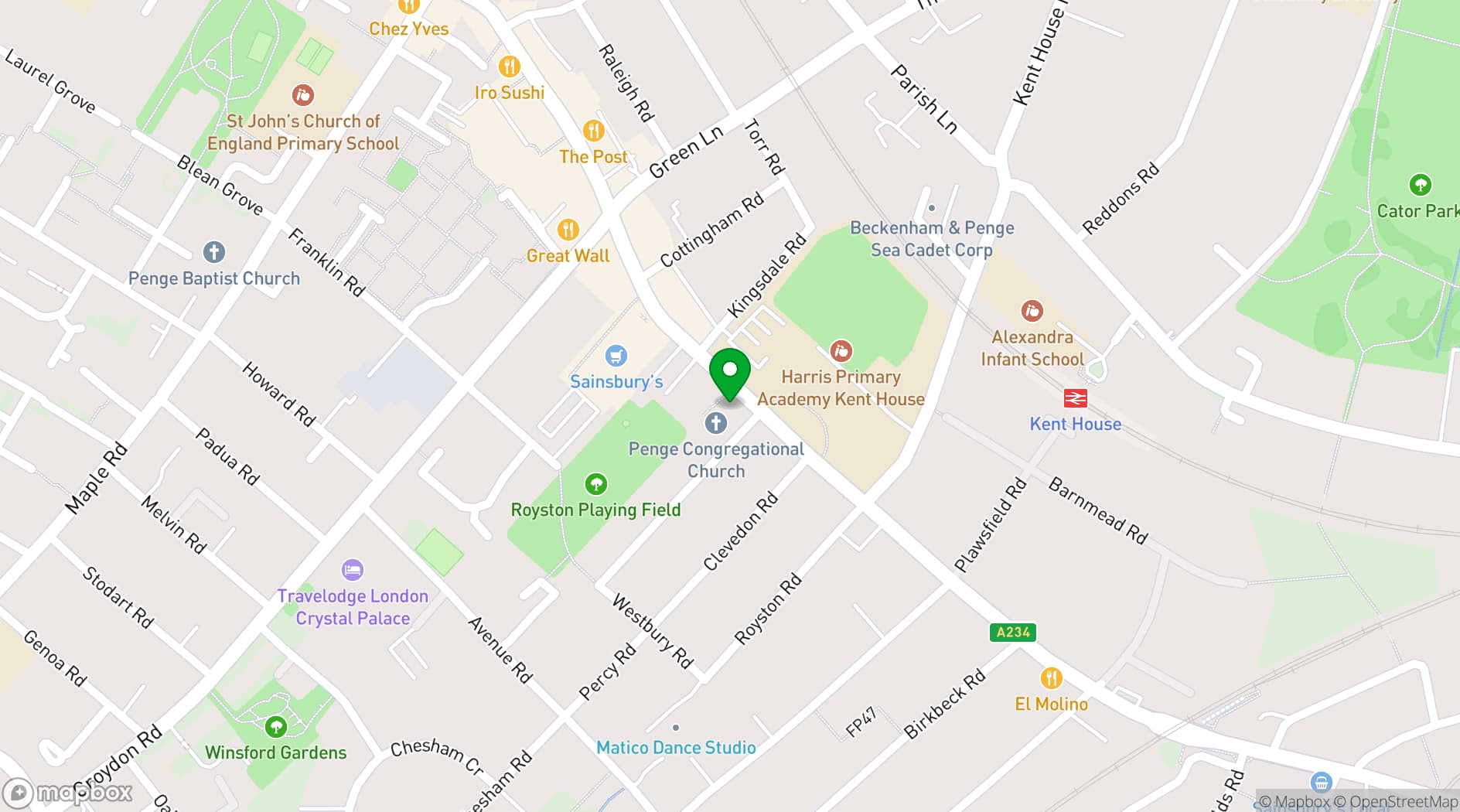 Map showing Penge Congregational Church