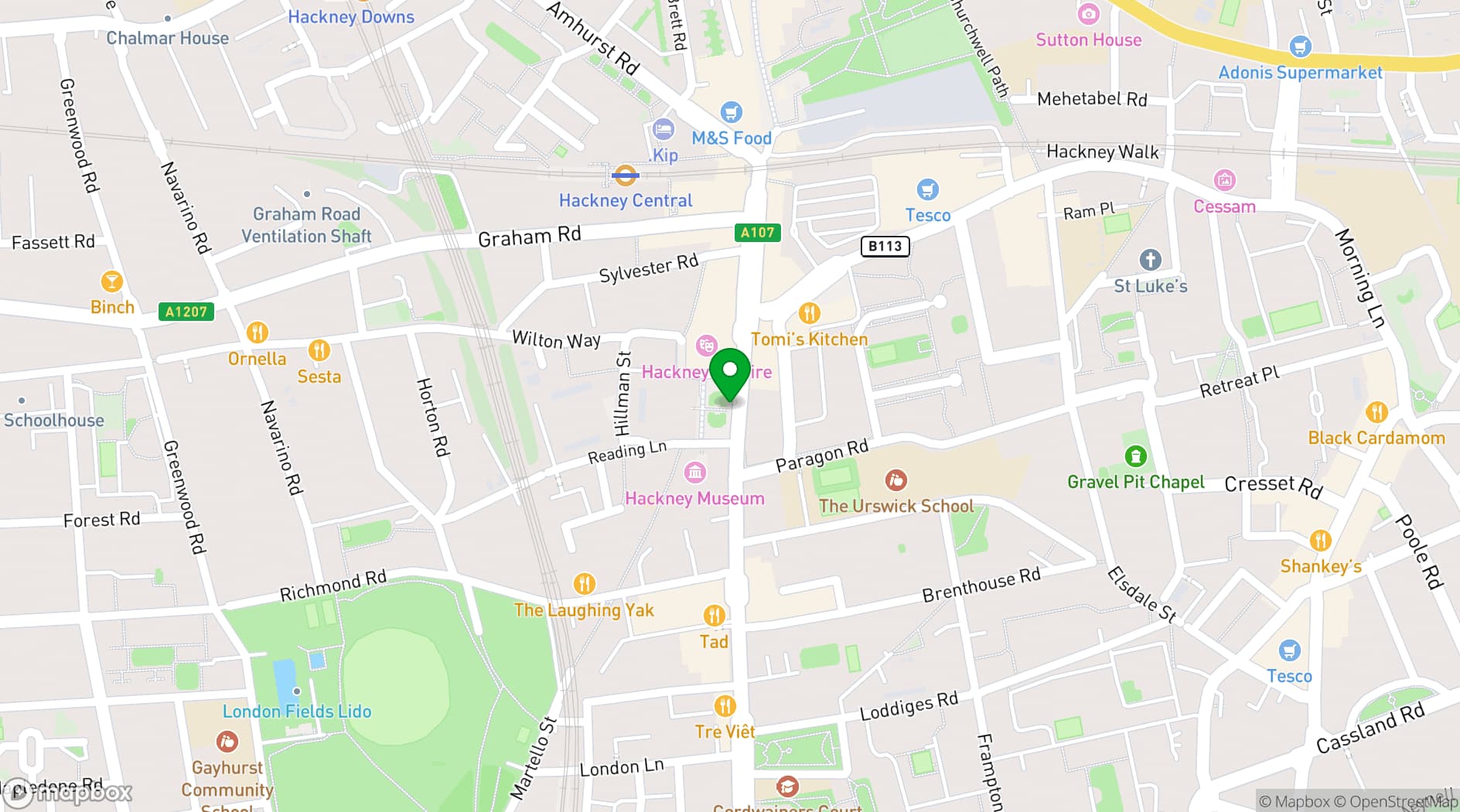 Map showing Hackney Town Hall
