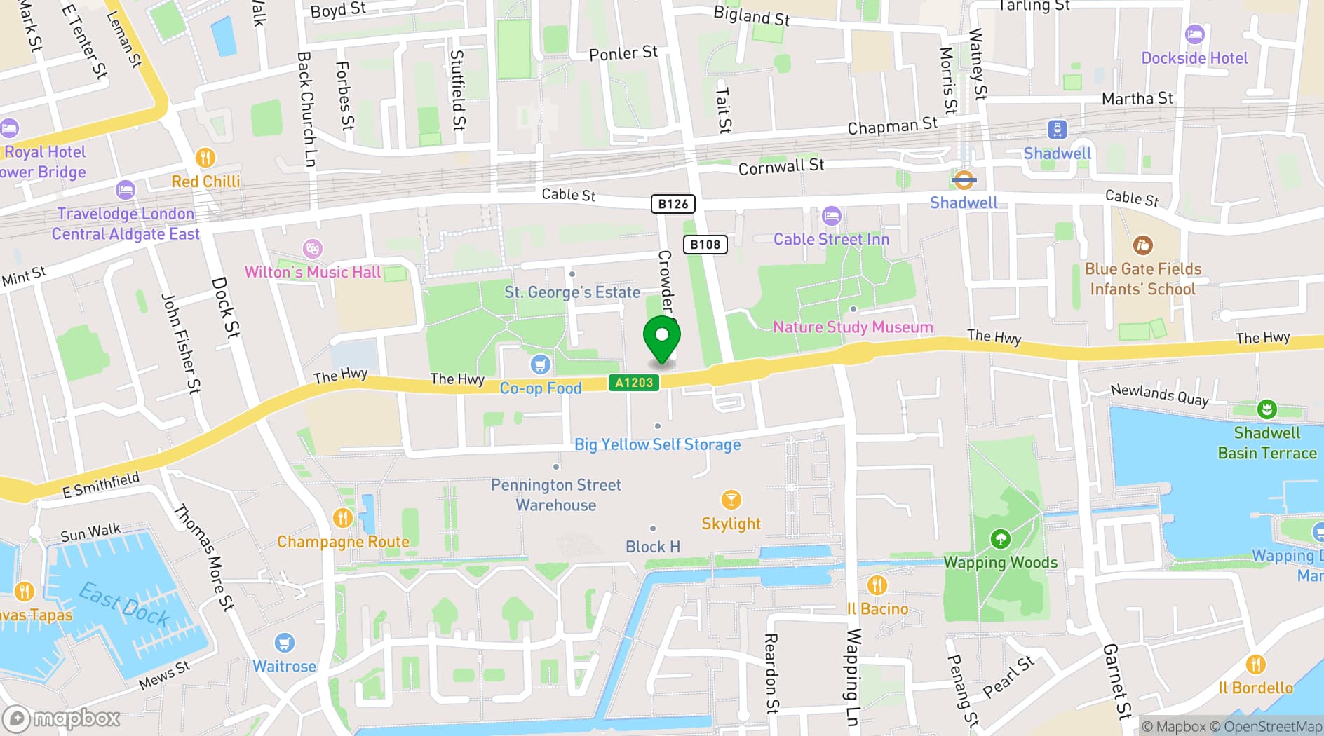 Map showing Whitechapel and Dockside, London