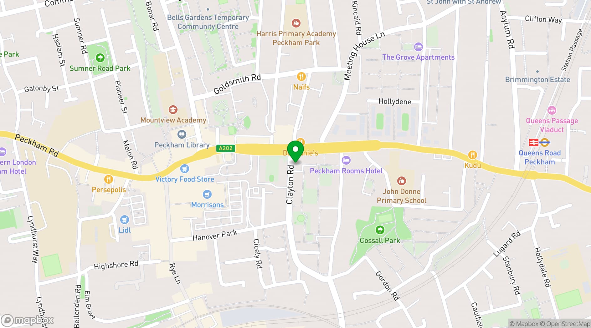 Map showing Prince of Peckham and Queen of the South