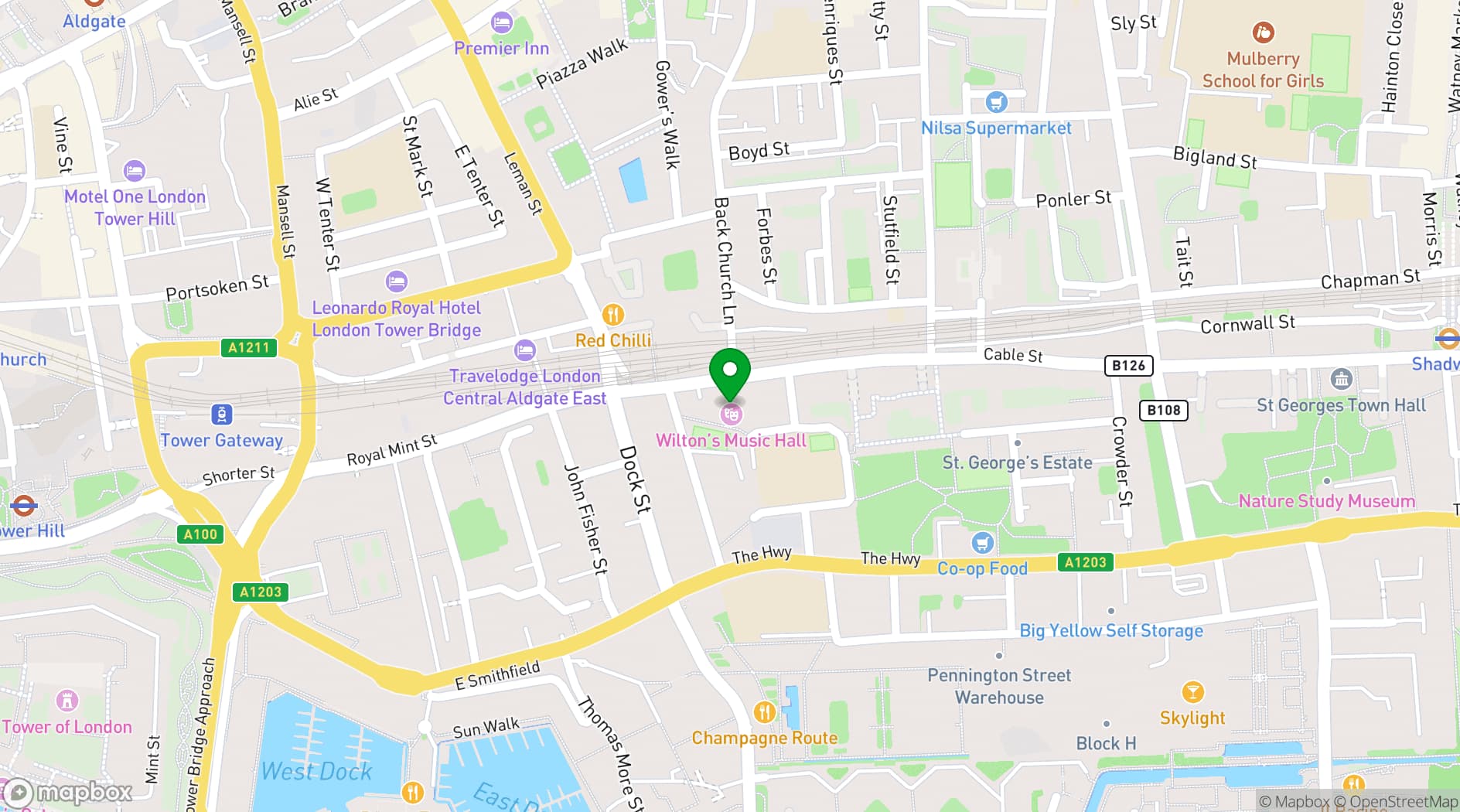 Map showing Wilton's Music Hall