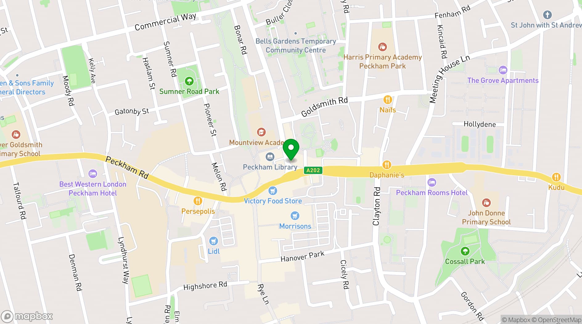 Map showing The Greyhound Peckham 