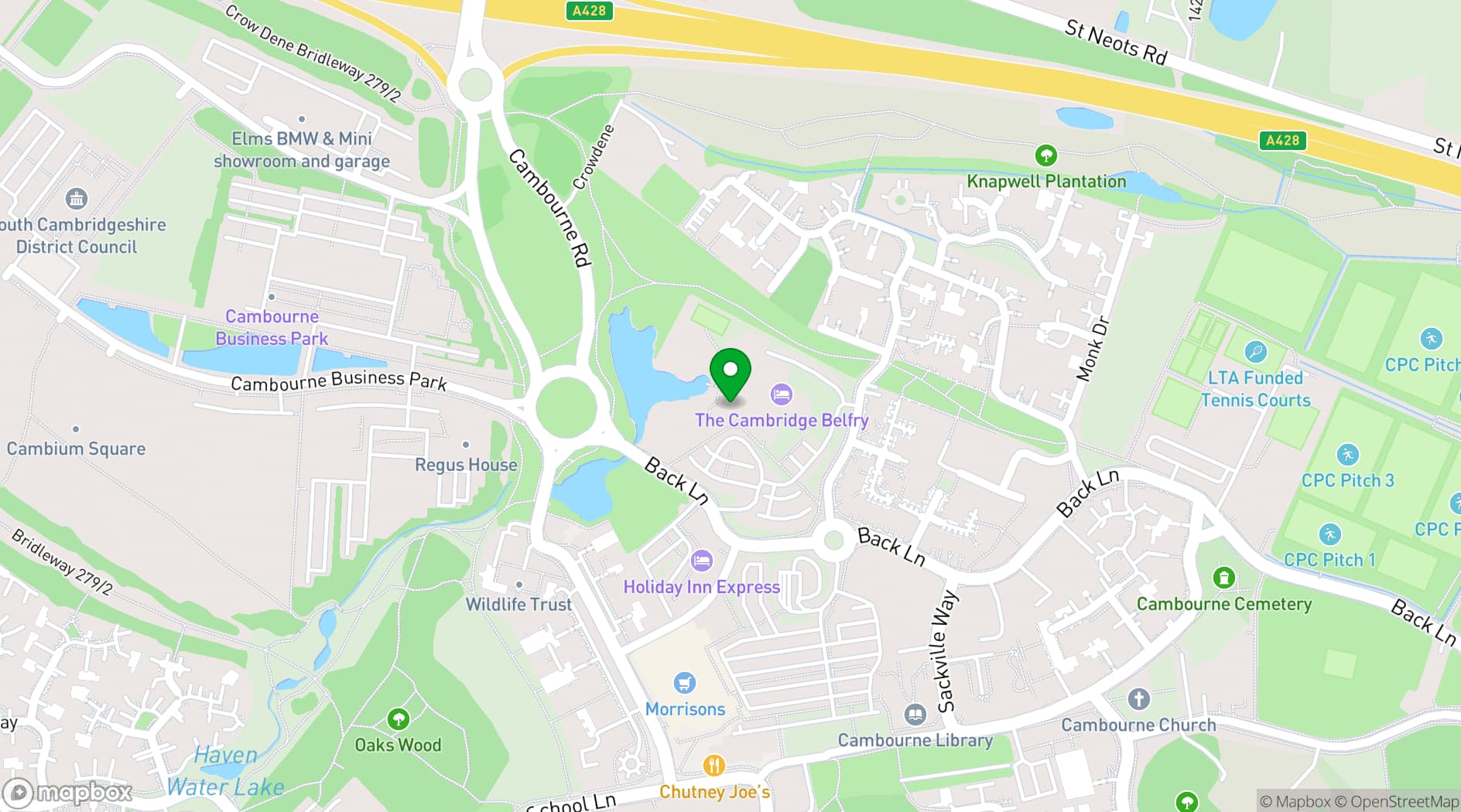 Map showing Cambridge Belfry Hotel and Spa