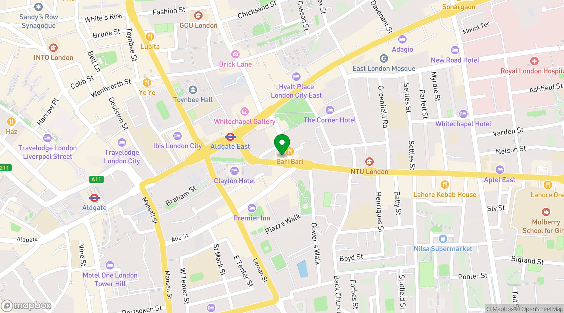 Map showing The Gate Aparthotel Aldgate East
