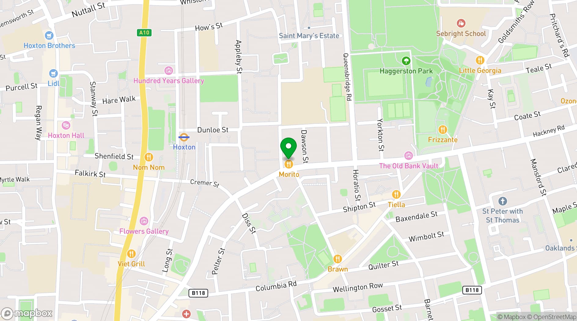 Map showing Morito Hackney Road