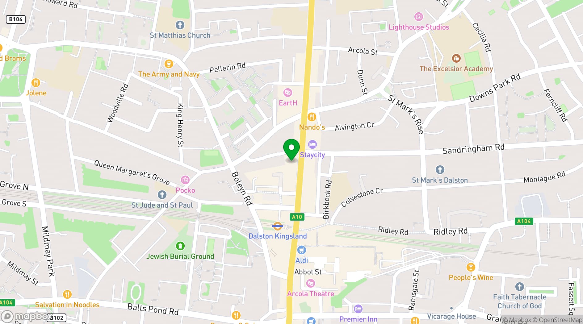 Map showing Dalston Den 