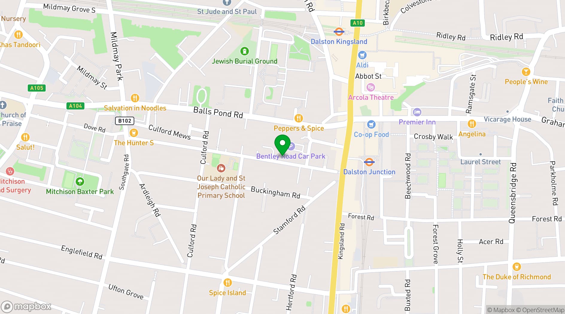 Map showing Pirate Studios Dalston