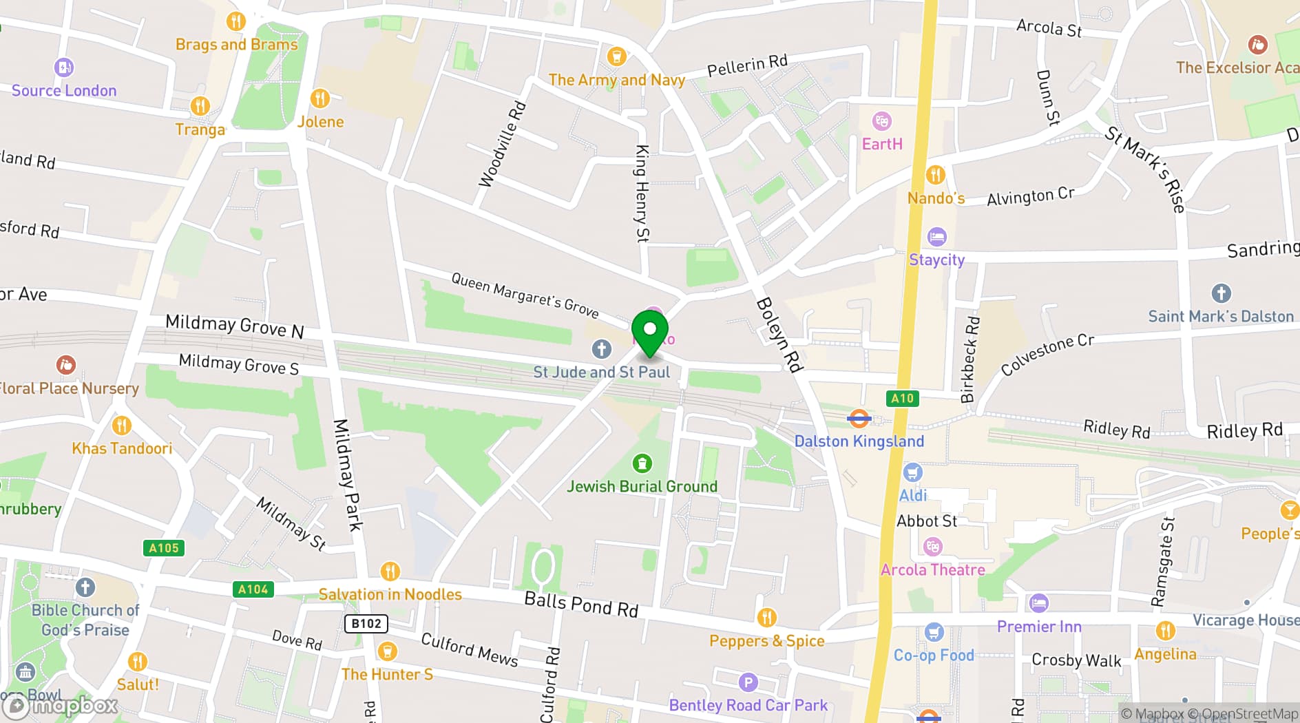 Map showing The Railway Tavern N16