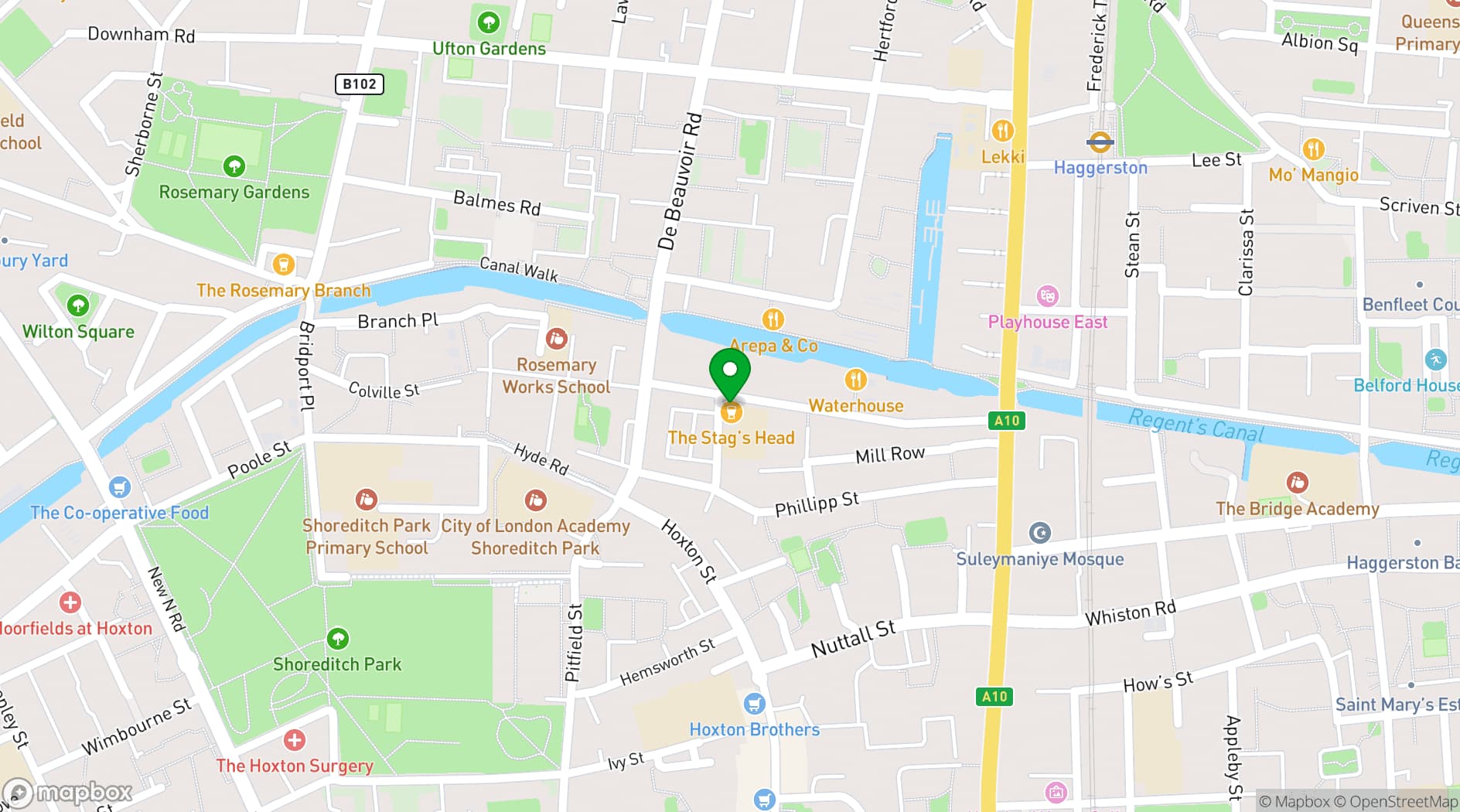 Map showing The Stag's Head Pub Hoxton