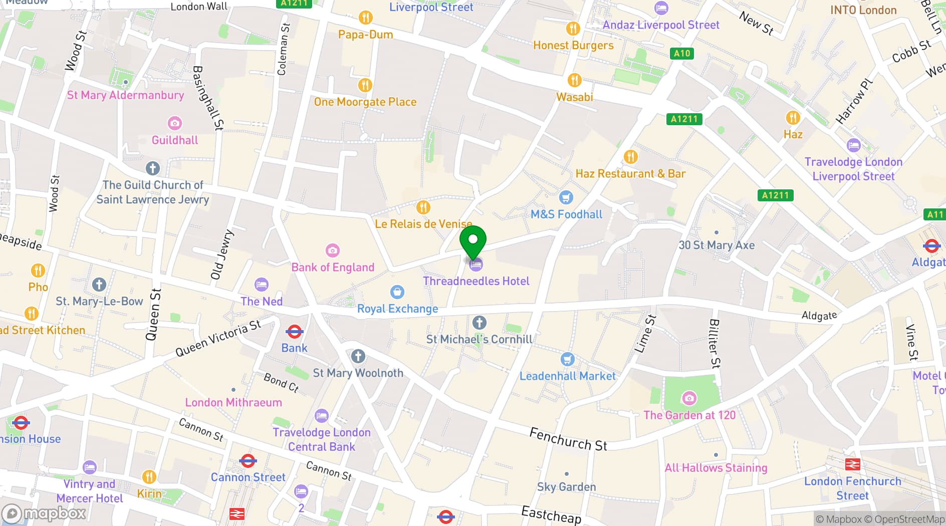 Map showing Threadneedles Hotel London