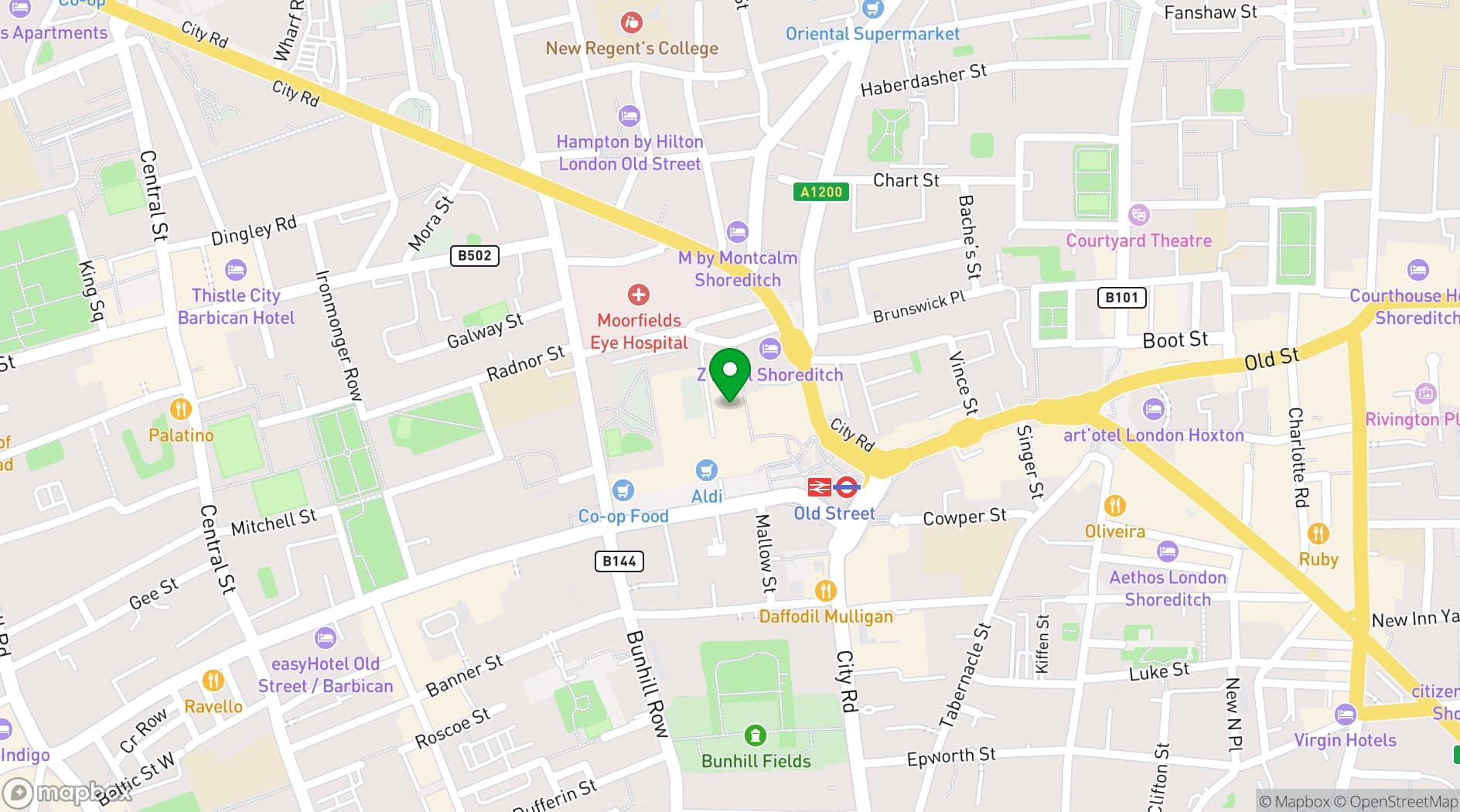 Map showing 28 Well Hung Old Street