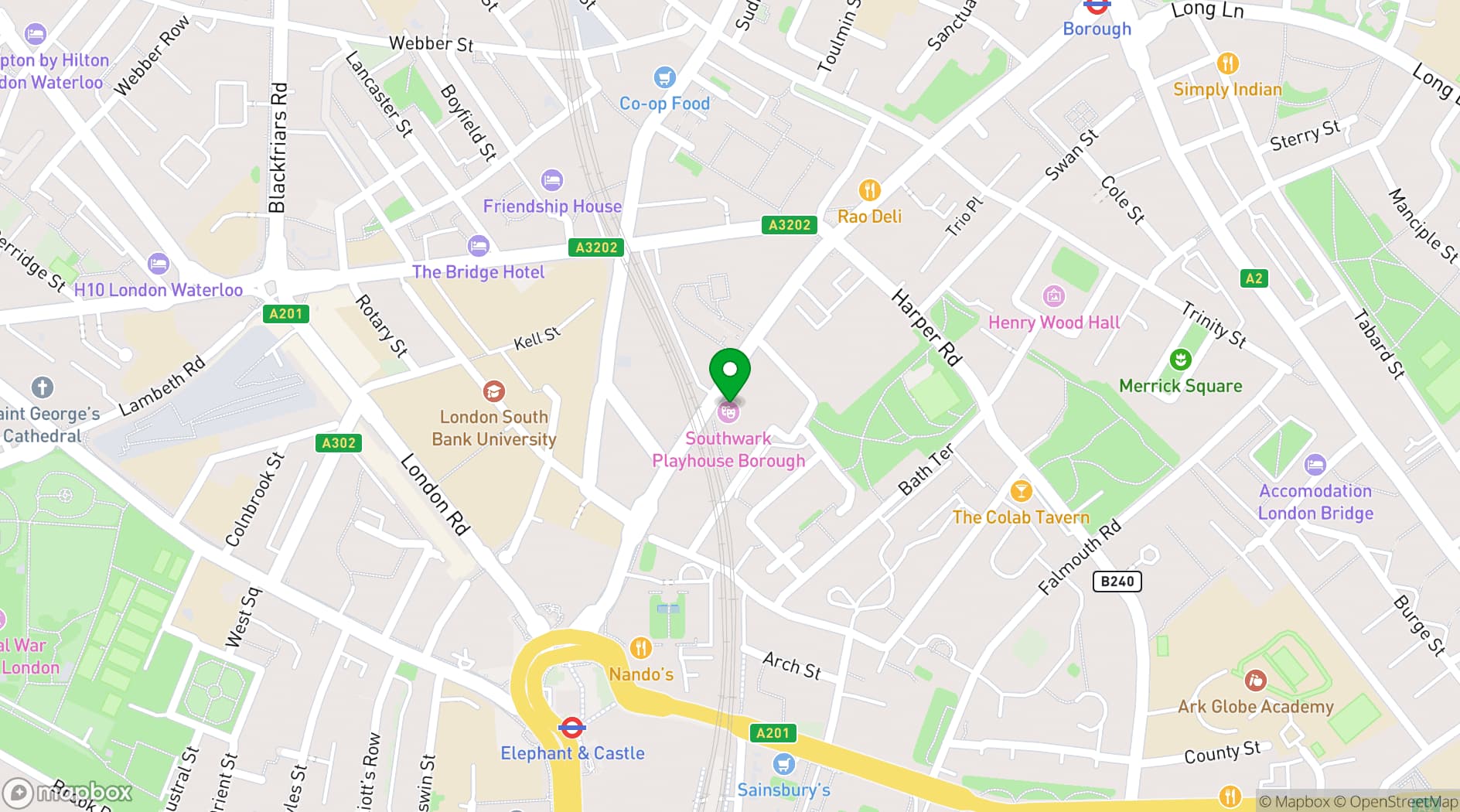 Map showing Southwark Playhouse Borough