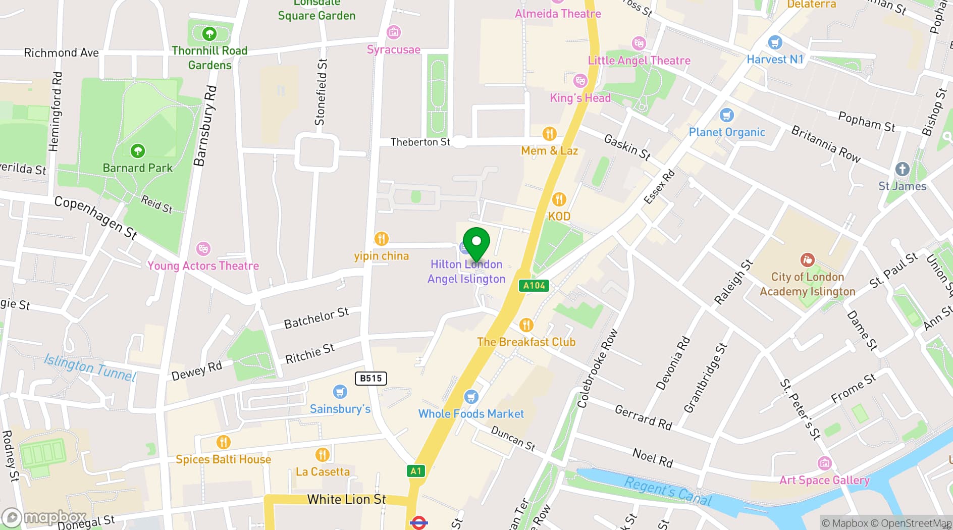 Map showing Hilton London Angel Islington