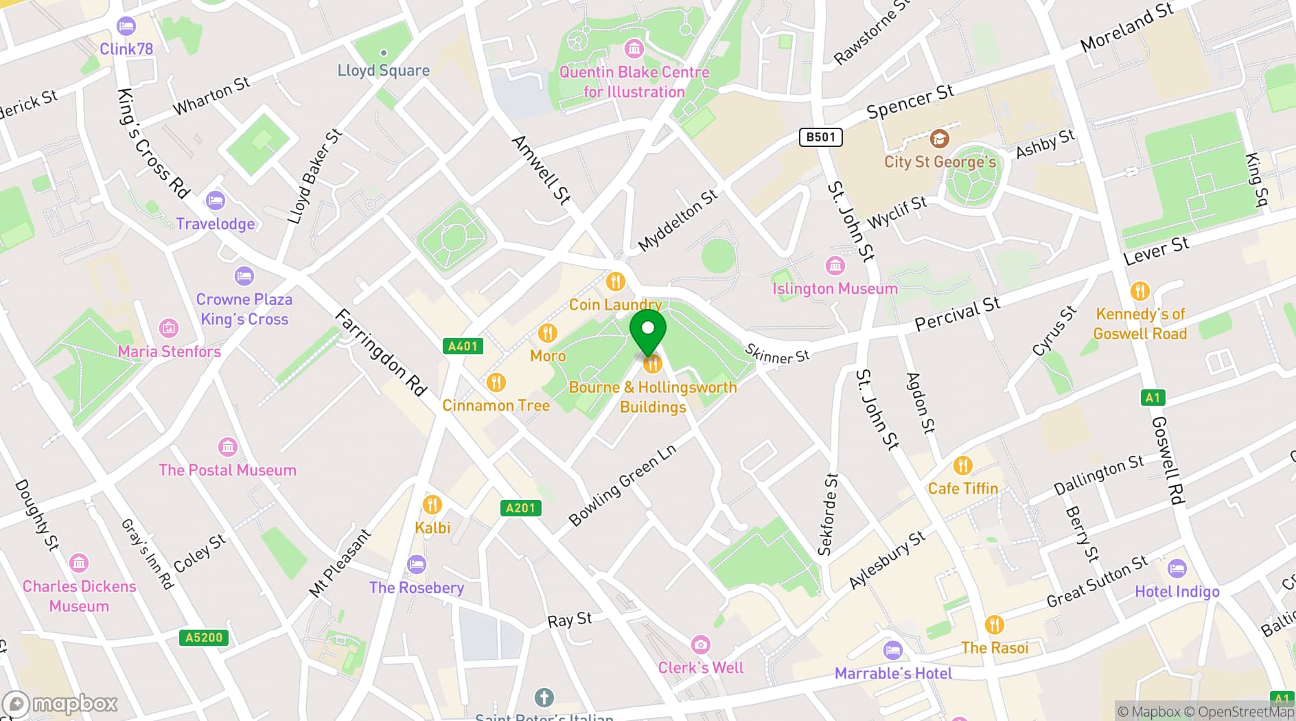 Map showing Bourne & Hollingsworth Buildings