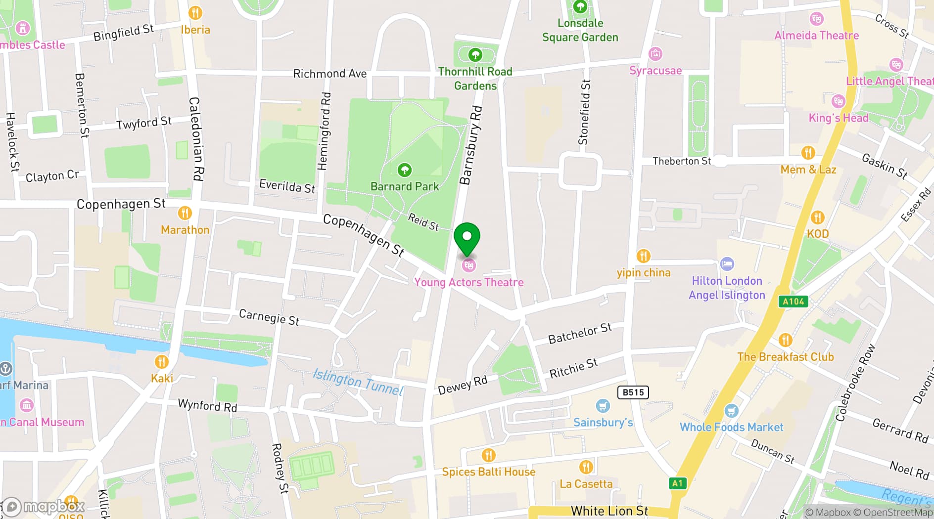 Map showing Young Actors Theatre Islington