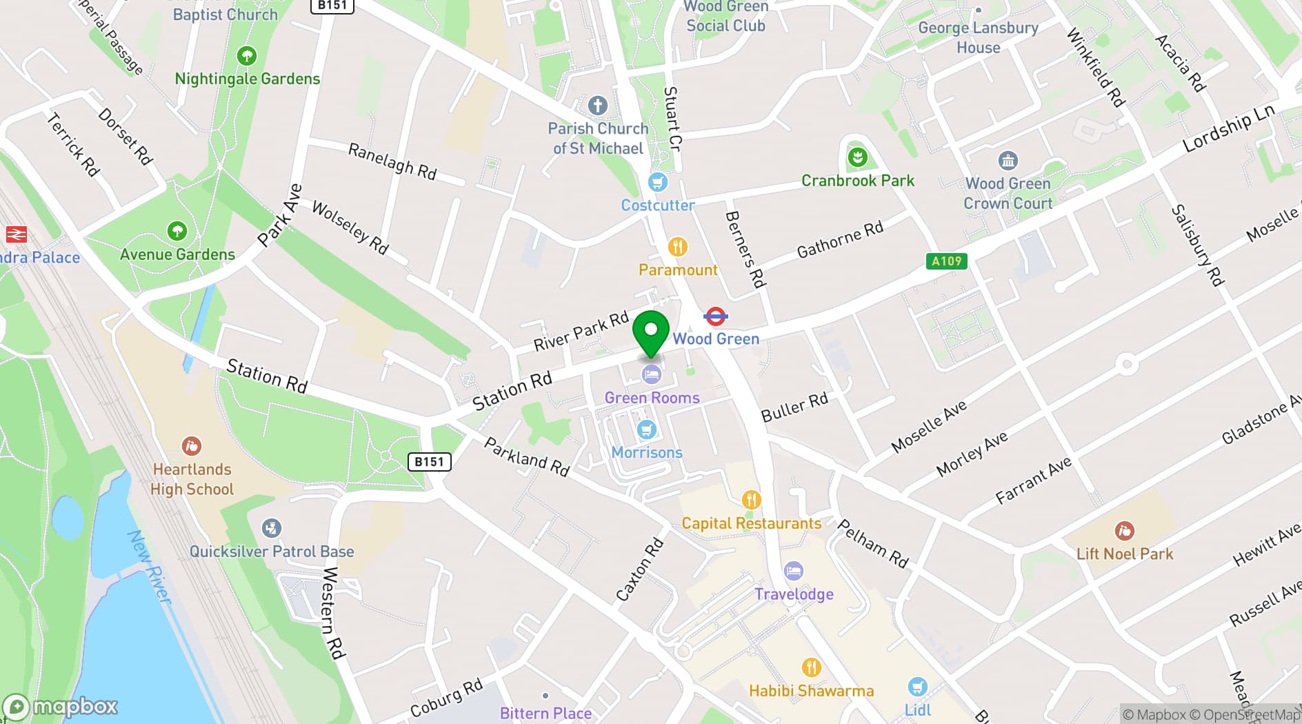 Map showing Green Rooms