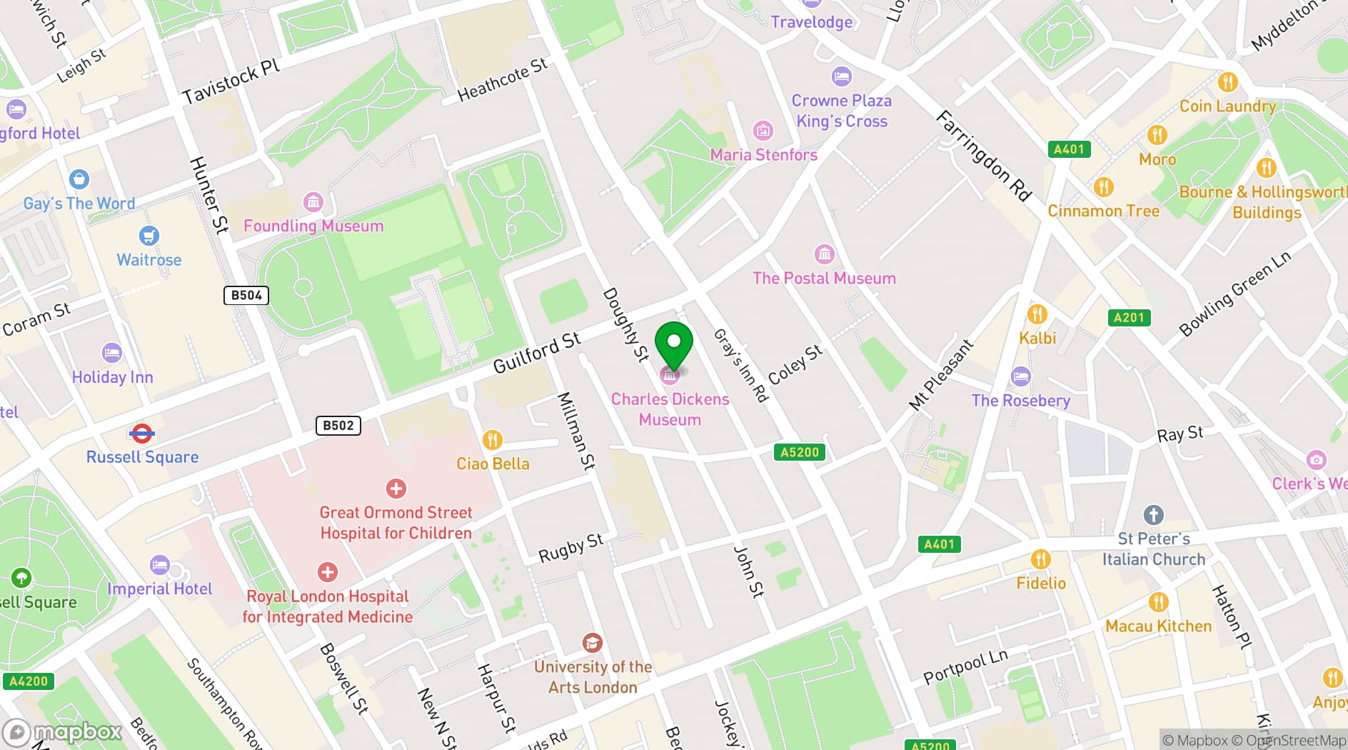 Map showing Charles Dickens Museum